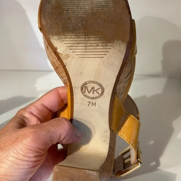 MICHAEL Michael Kors | Goldenrod Leather and Cork Platform Sandals - Picture 10 of 13